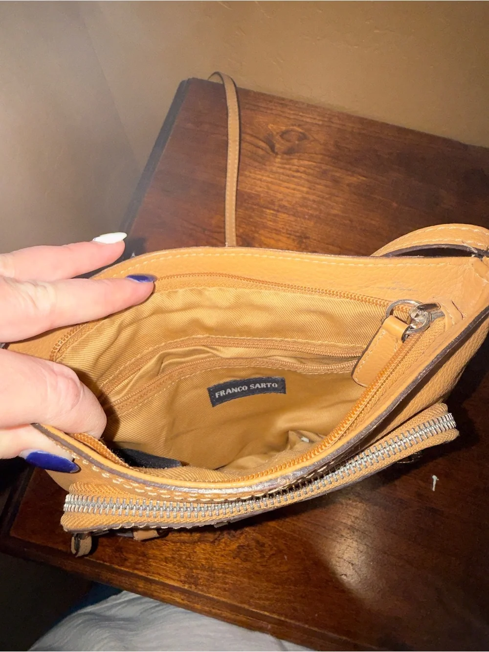 Franco Sarto Tan Pebble Leather Crossbody with Buckle Accents